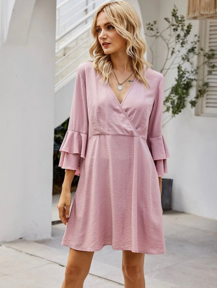 Surplice Neck Flounce Sleeve Dress