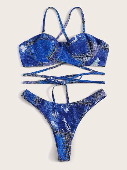 Criss Cross Denim Top With High Cut Bikini Set