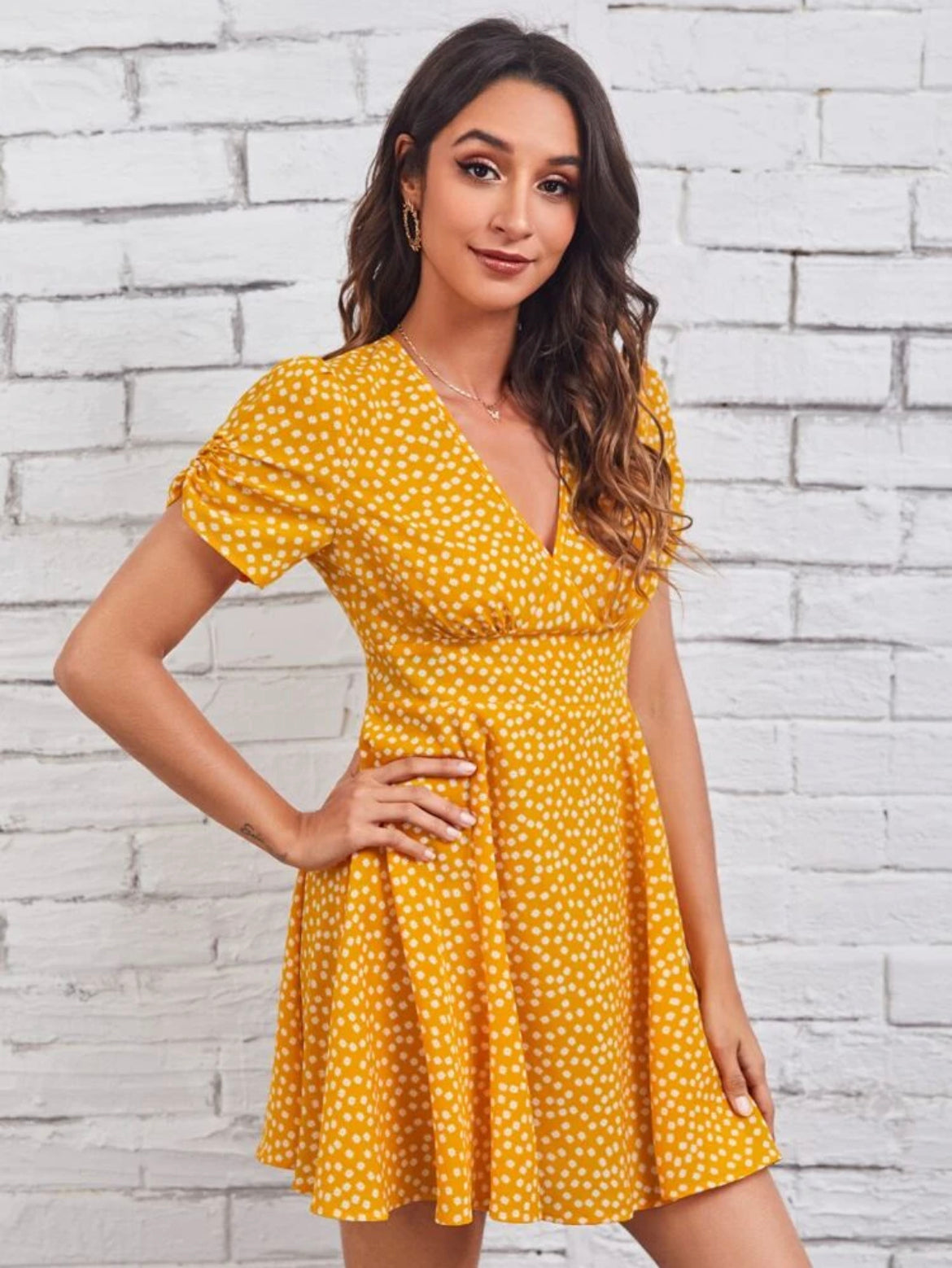 Gathered Sleeve Ruched Bust Ditsy Floral Dress