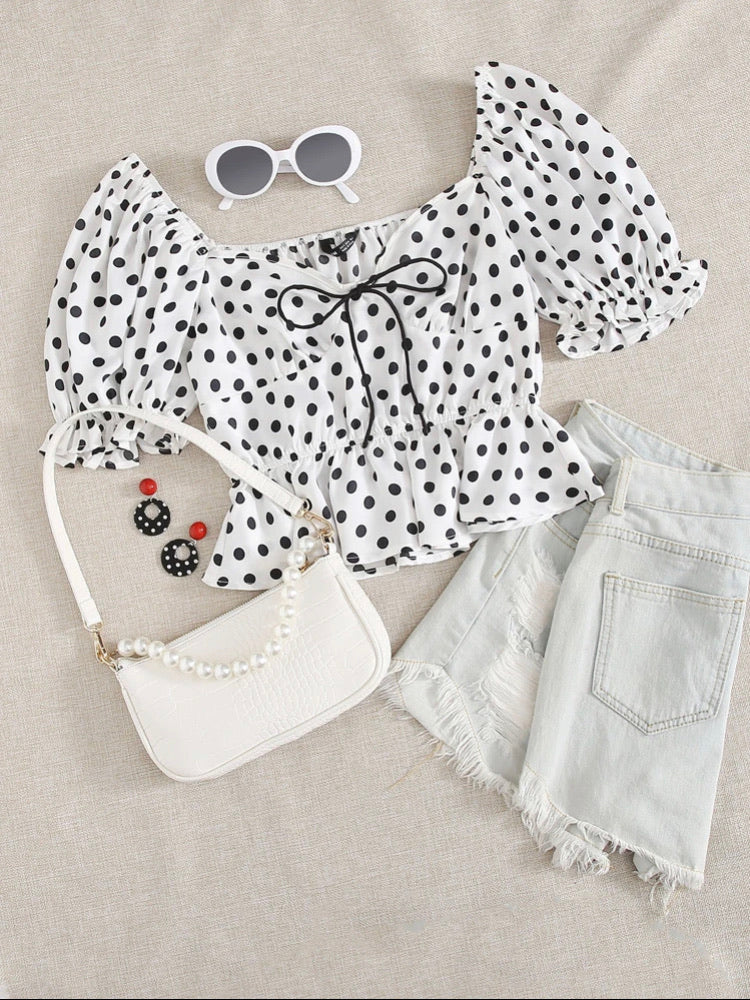 Puff Sleeve Knot Detail Polka Dot Peplum Top