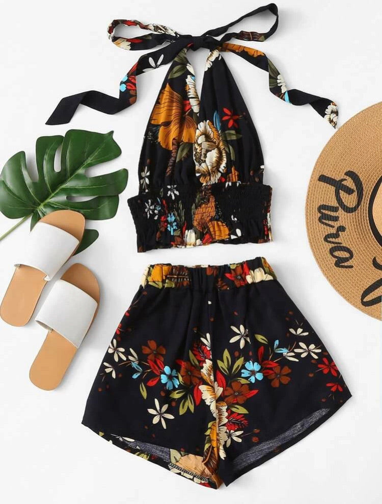 Floral Print Halter Top with Shorts