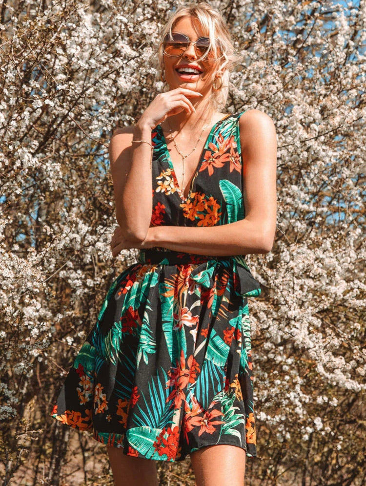 Low Back Tropical Print Belted Dress