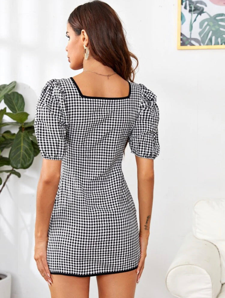 Puff Sleeve Frag Button Front Gingham Dress