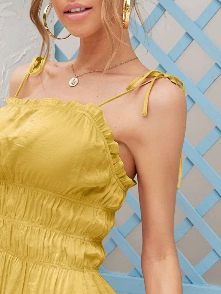 Tie Shoulder Frill Trim Gathered Detail Cami Dress
