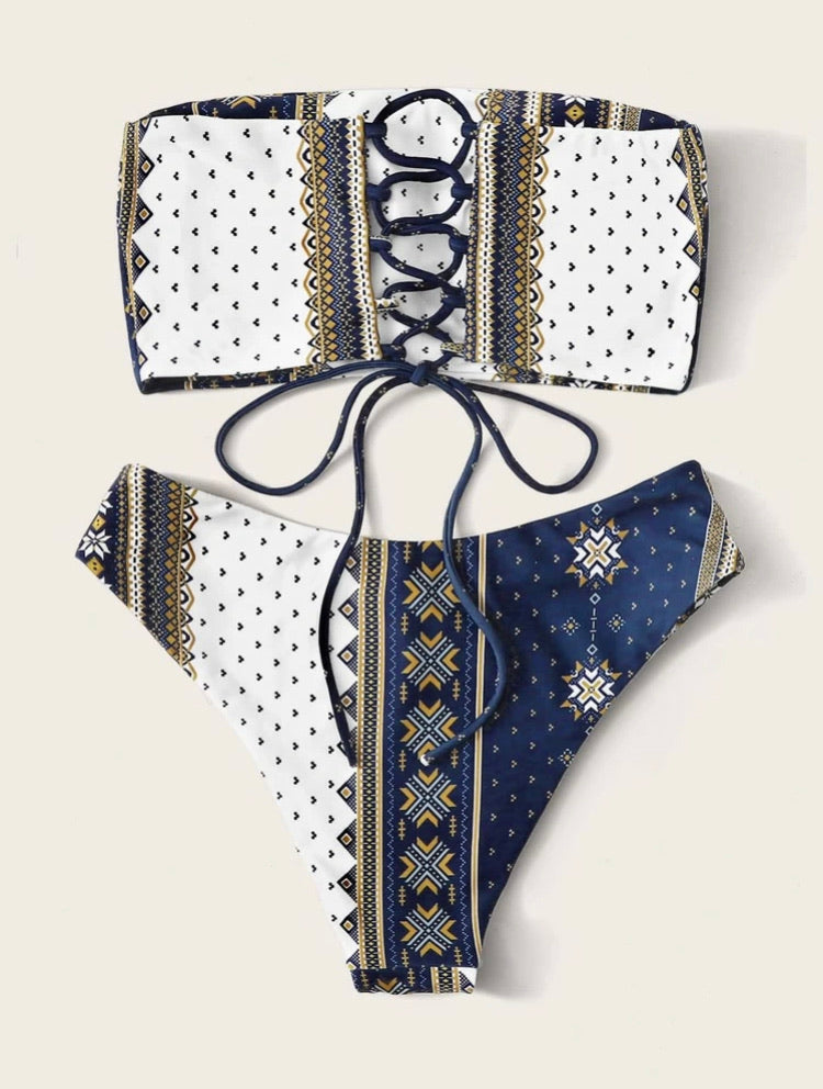 Geo Bandeau High Cut Bikini Swimsuit