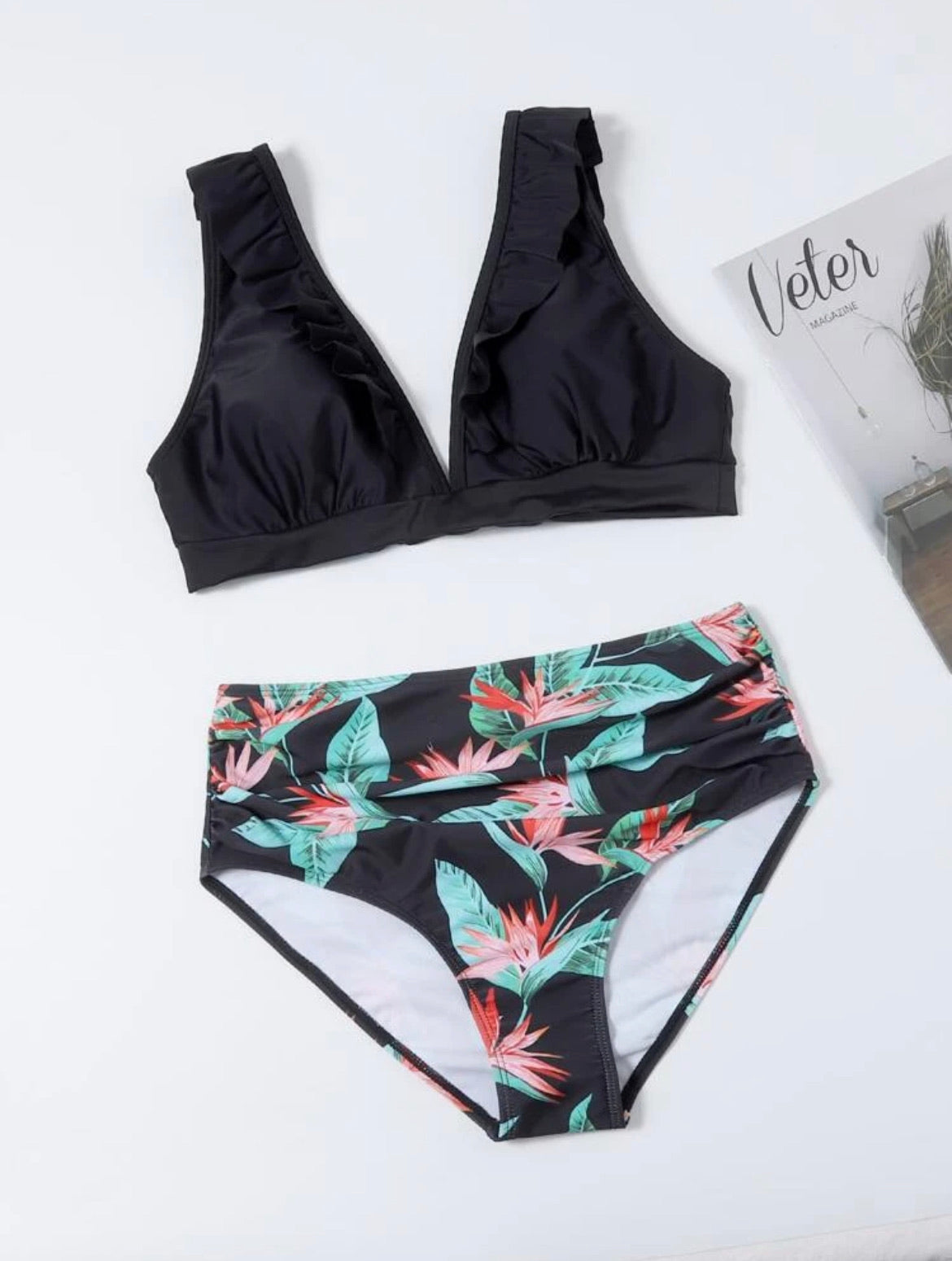 Floral Print Ruffle High Waisted Bikini Swimsuit