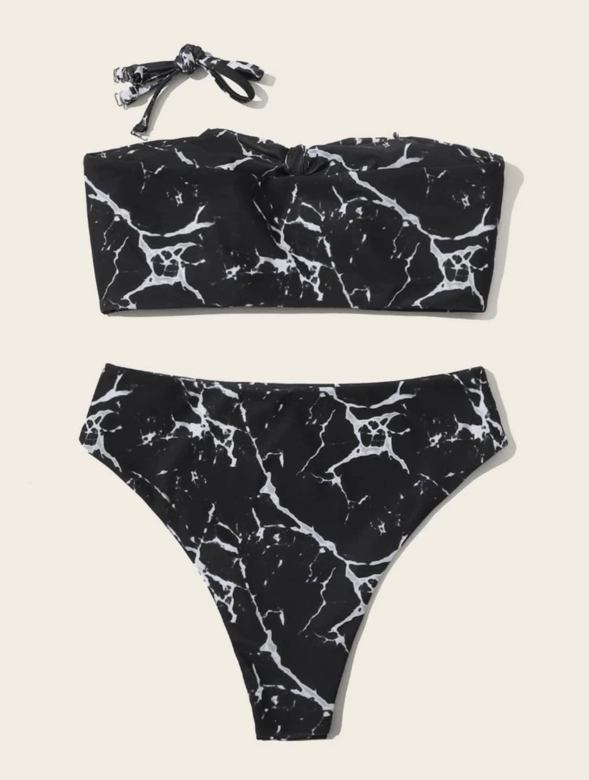 Marble Print Knot Front Bandeau Bikini Swimsuit