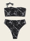 Marble Print Knot Front Bandeau Bikini Swimsuit