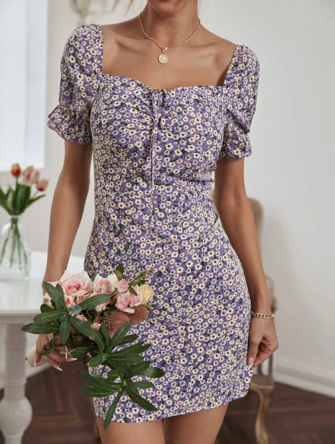 Ditsy Floral Print Knot Front Dress