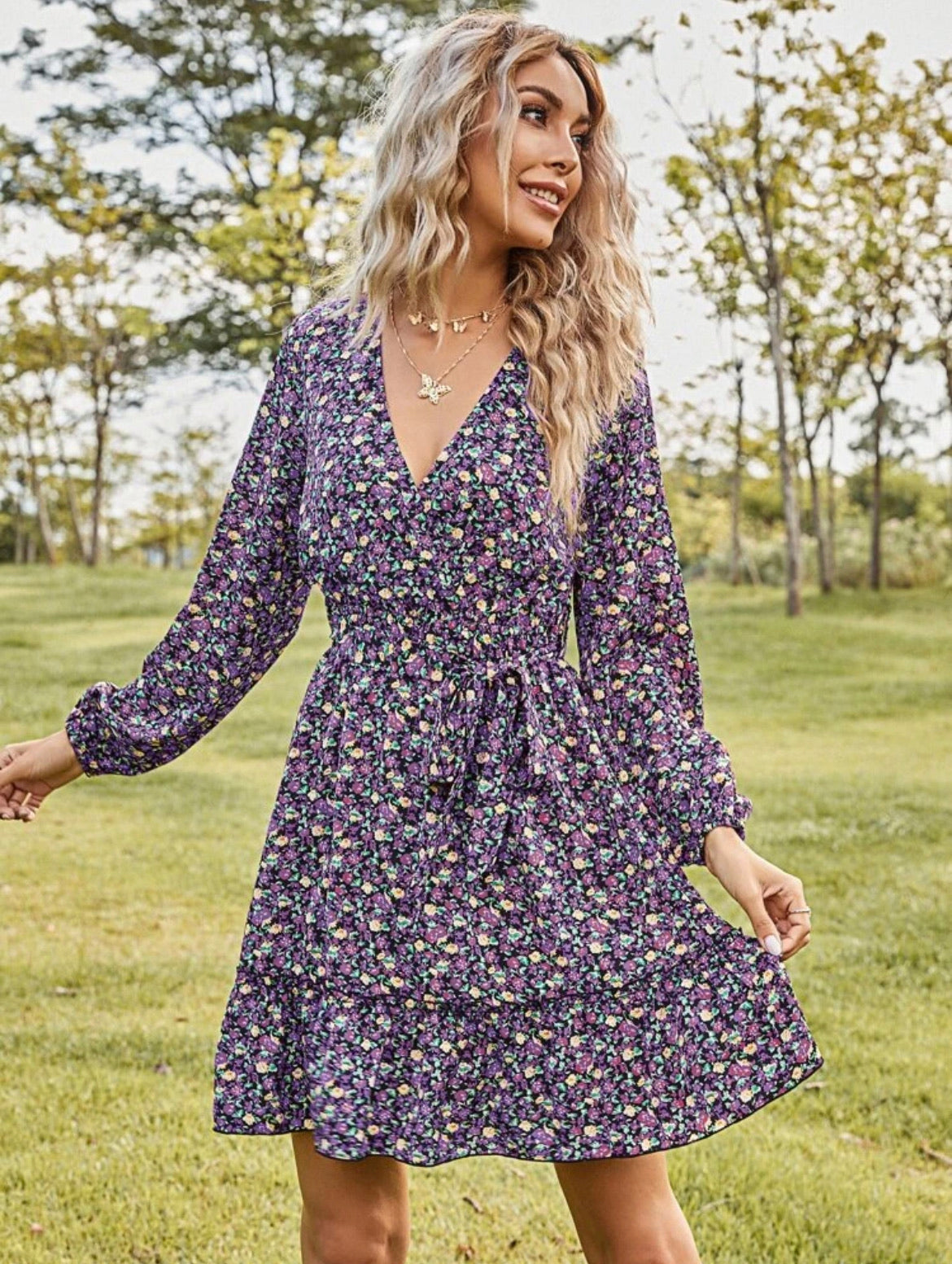 Allover Floral Print Ruffle Hem Belted Dress