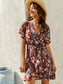 V-neck Floral Belted A-line Dress