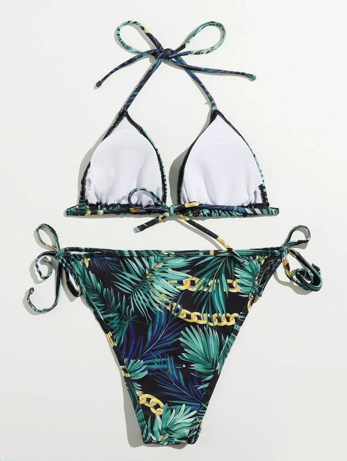 Chain & Tropical Print Tie Side Bikini Swimsuit