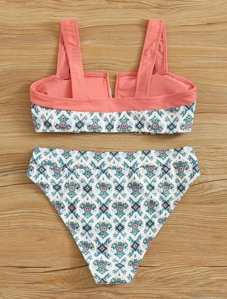 V-cut Tribal Print Top With High Waist Bikini