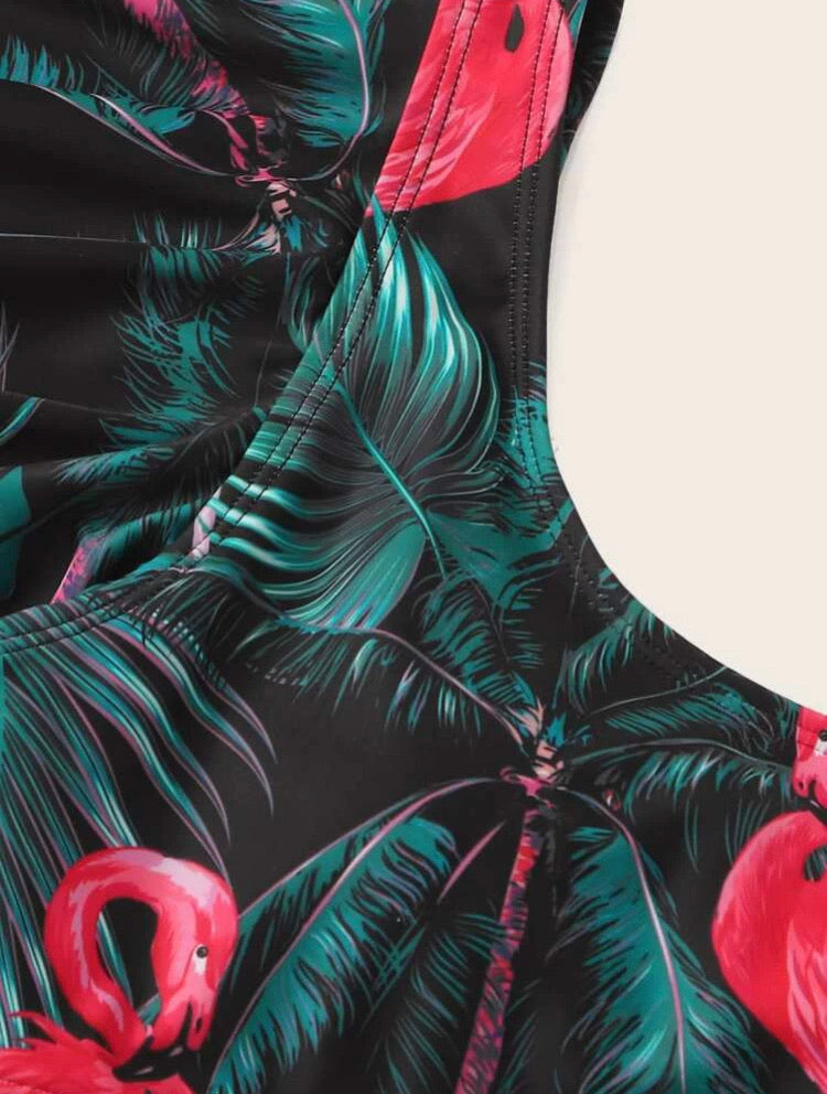 Flamingo One Shoulder High Waisted Bikini Swimsuit