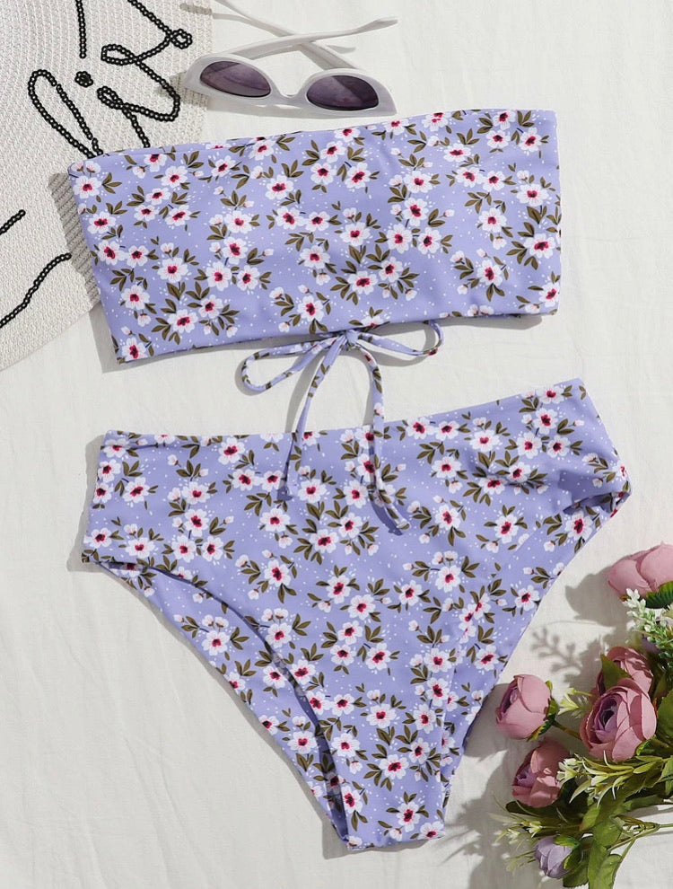 Allover Floral Bandeau Bikini Swimsuit
