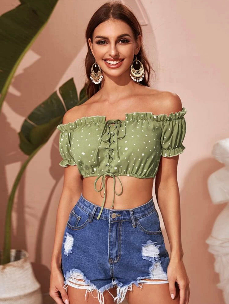 Frill Trim Bardot Lace Up All Over Print Top