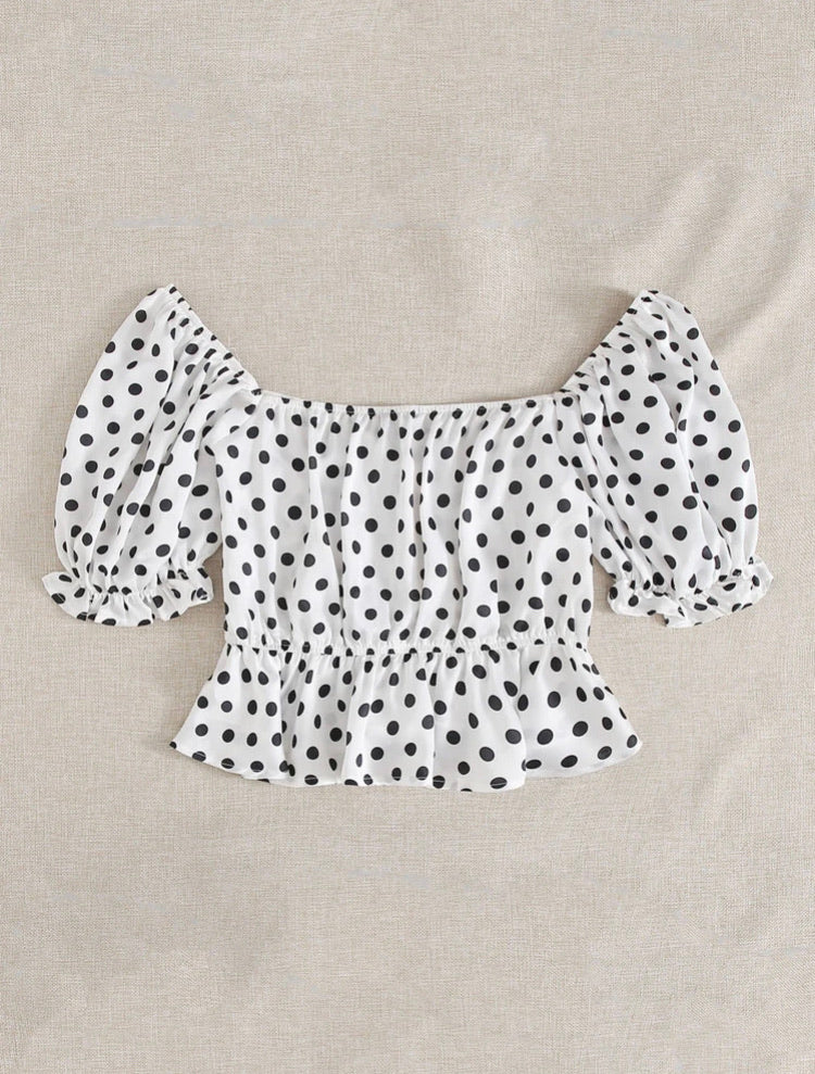 Puff Sleeve Knot Detail Polka Dot Peplum Top