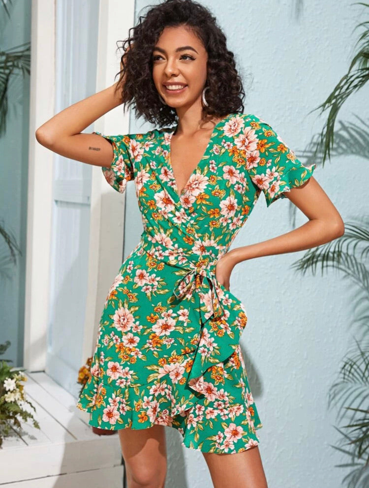 Ruffle Trim Wrap Belted Floral Dress