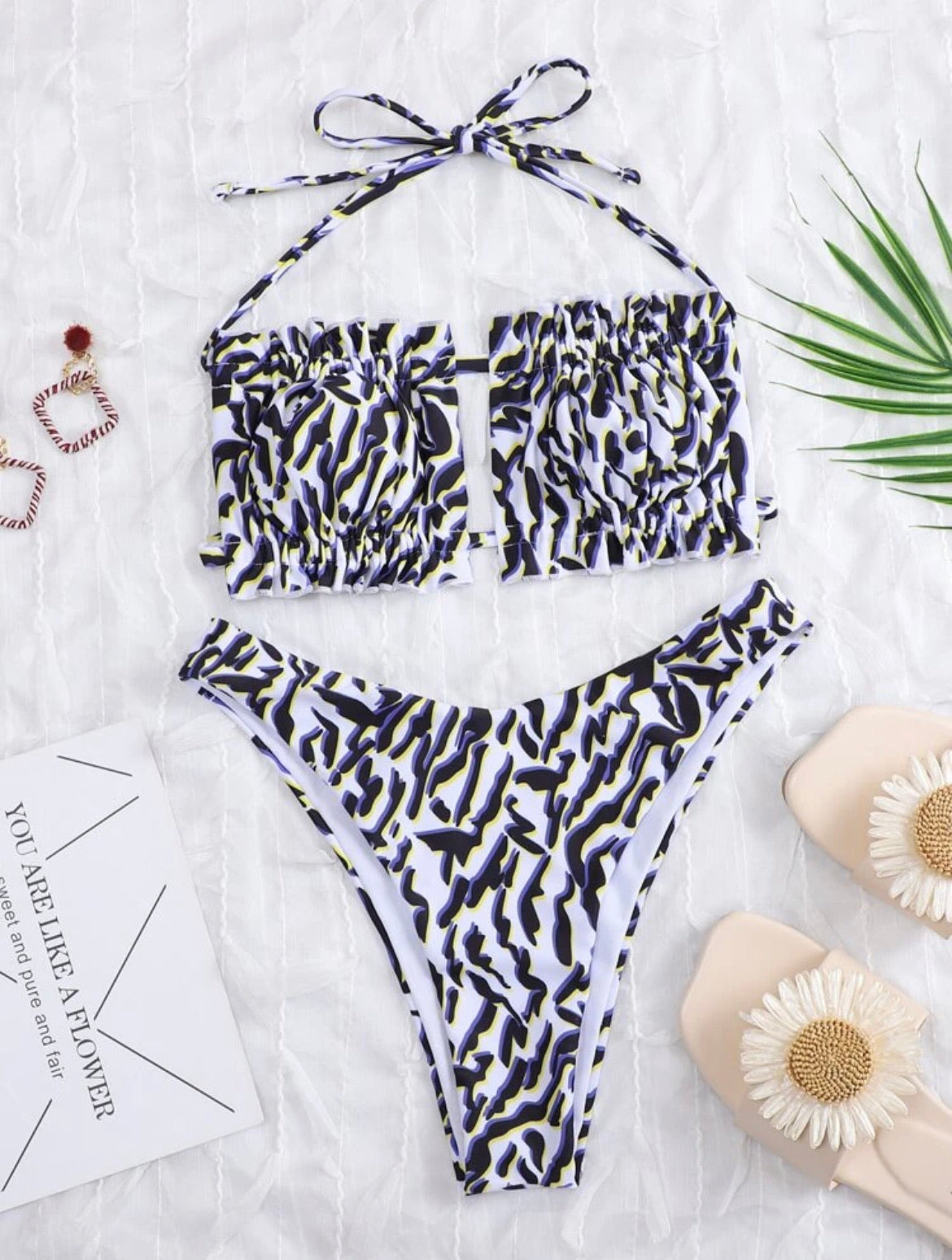 Allover Print Frill Halter Bikini Swimsuit