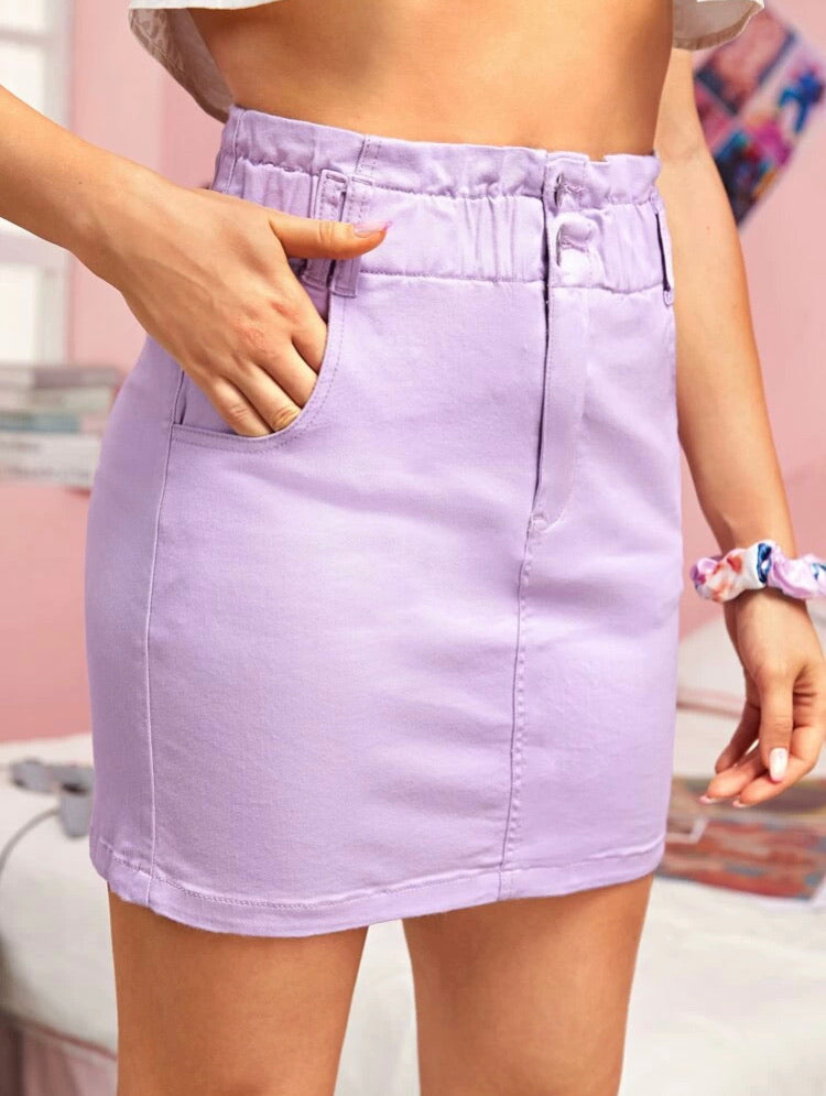 Paperbag Waist Slant Pocket Denim Skirt