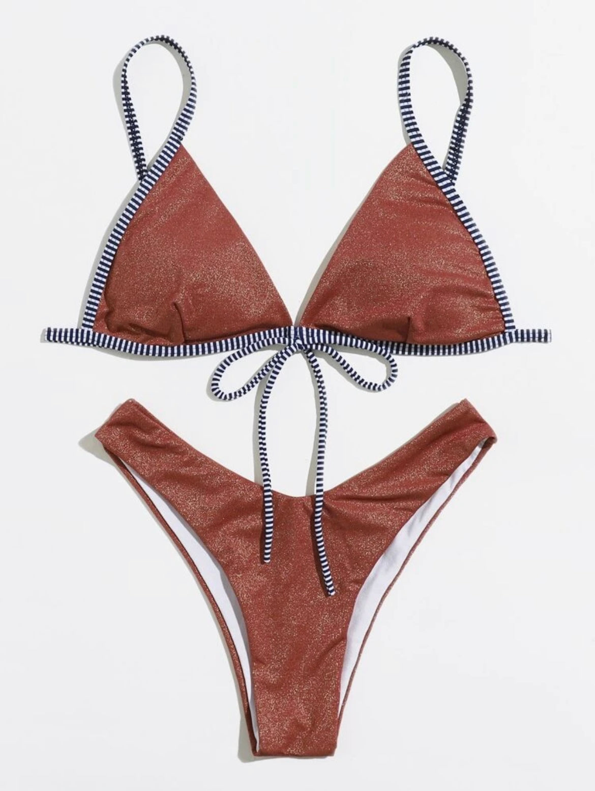 Striped Binding Glitter High Cut Bikini Swimsuit