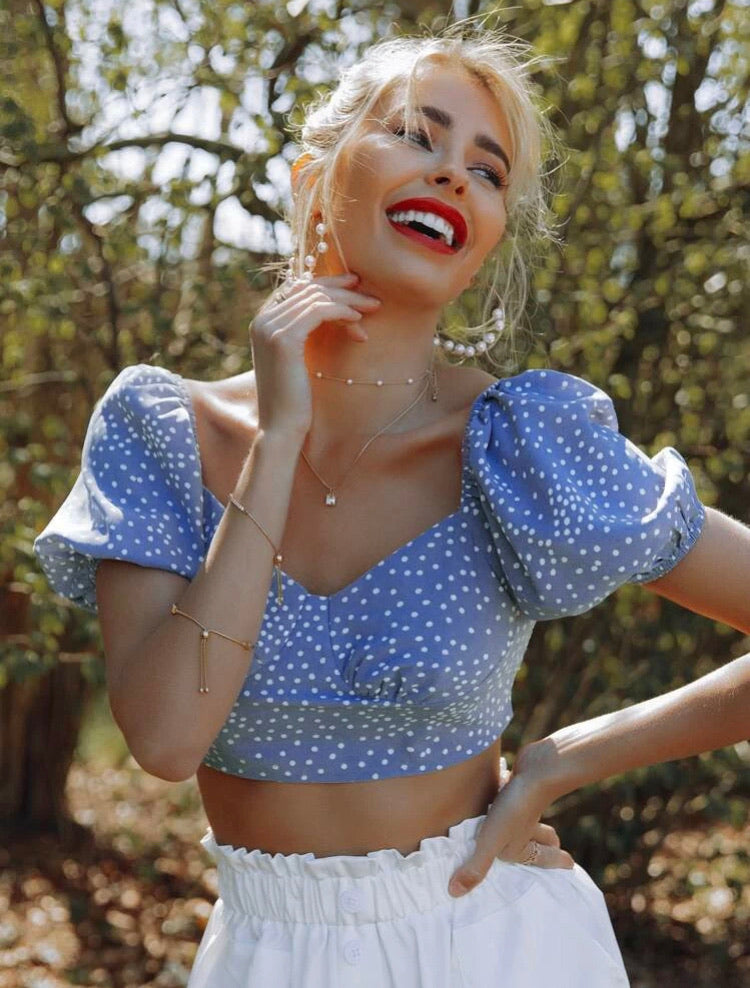 Puff Sleeve Shirred Back Polka Dot Milkmaid Top