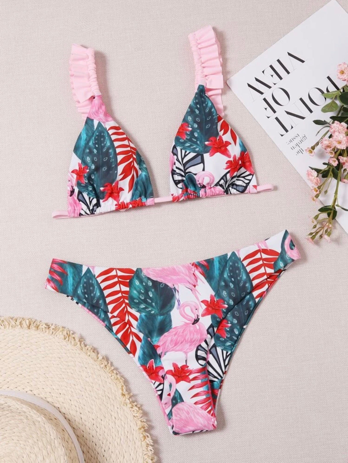 Tropical Ruffle Hem Bikini Swimsuit