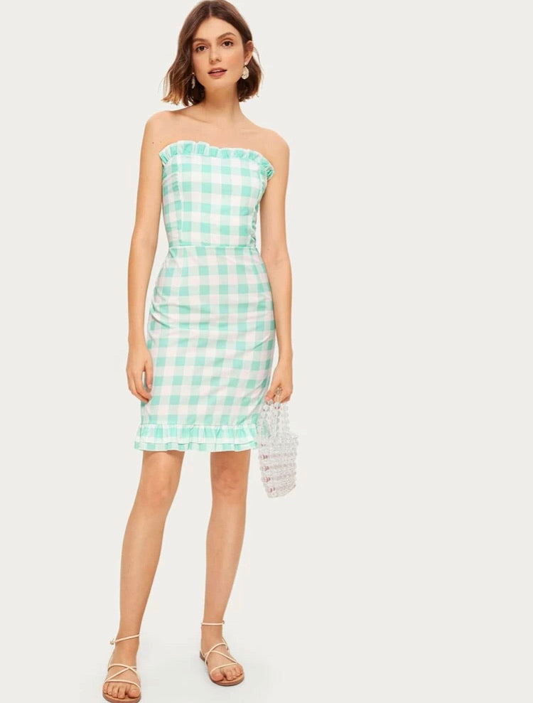 Frill Trim Tie Back Gingham Bandeau Dress