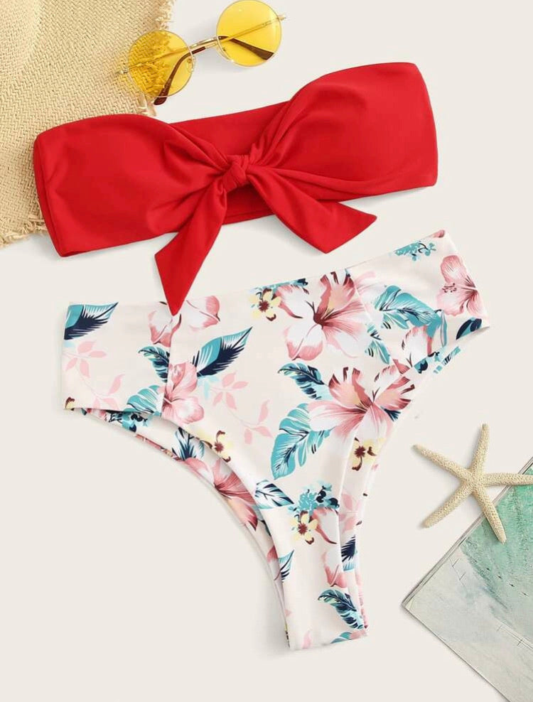 Knot Front Bandeau with Tropical Highwaist Bikini