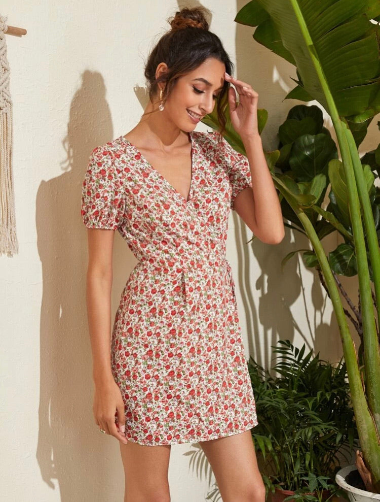 Surplice Neck Knot Puff Sleeve Floral Dress