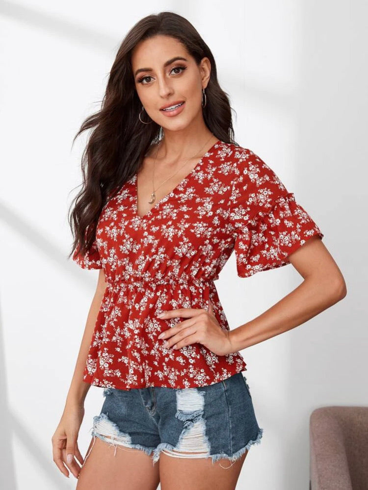 Tied Low Back Frill Trim Ditsy Floral Peplum Top