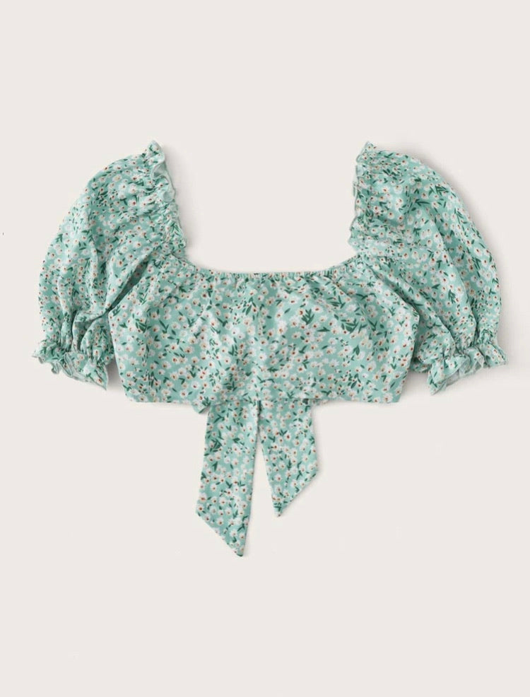 Ditsy Floral Print Frill Trim Tie Front Crop Top