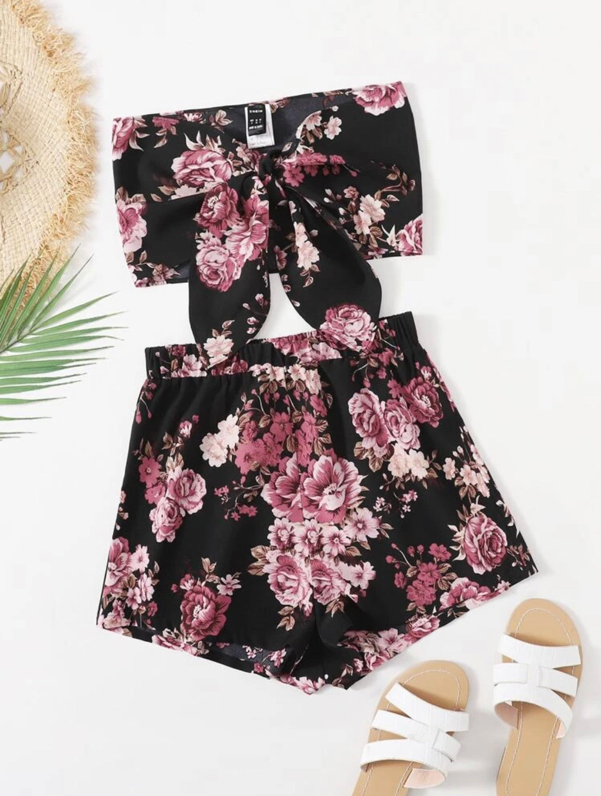 Tie Front Floral Print Tube Top & Shorts Set