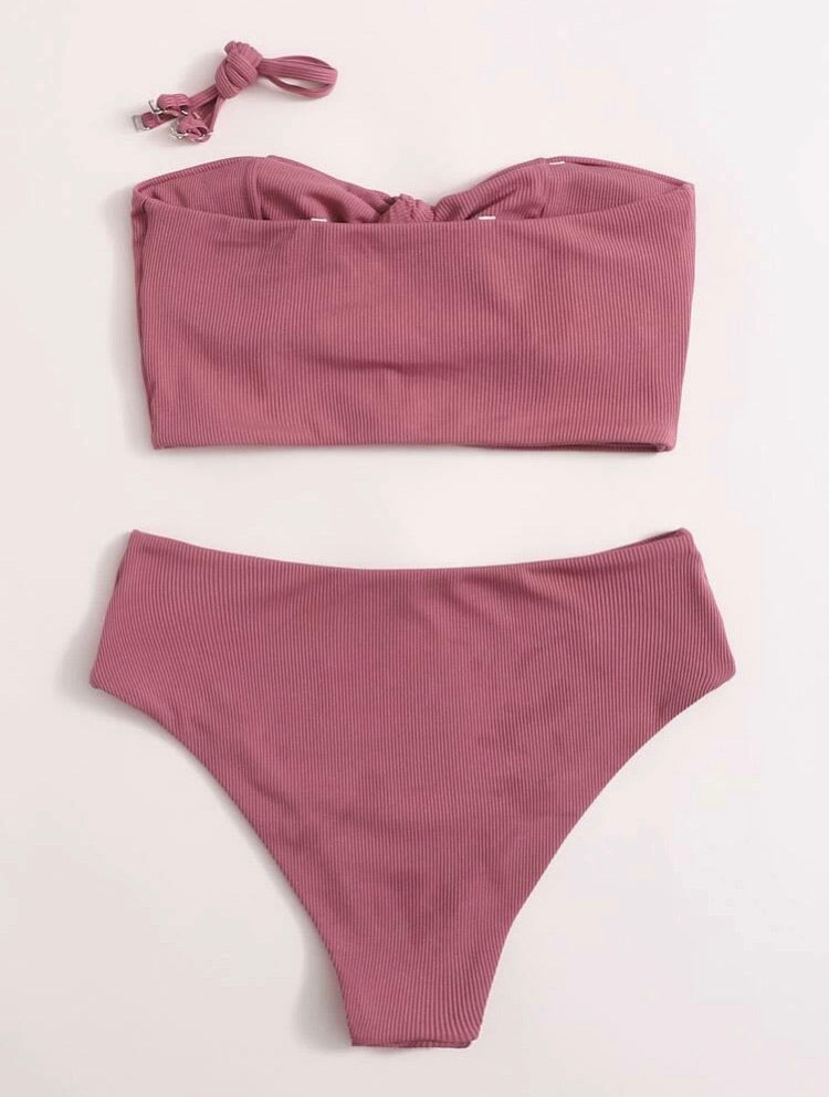 Rib Knot Front Bandeau Bikini Swimsuit