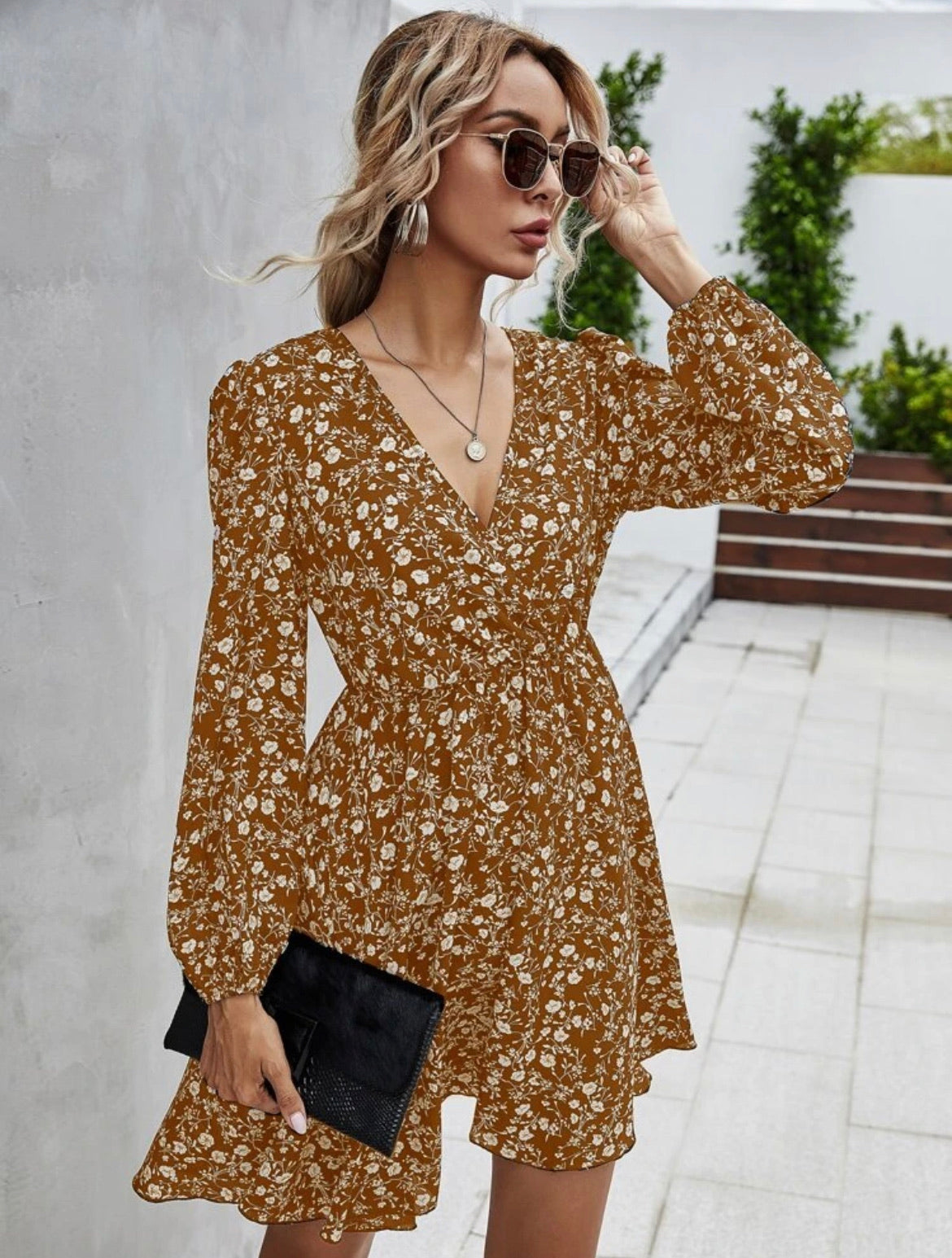 Floral Print Surplice Neck Puff Sleeve Dress