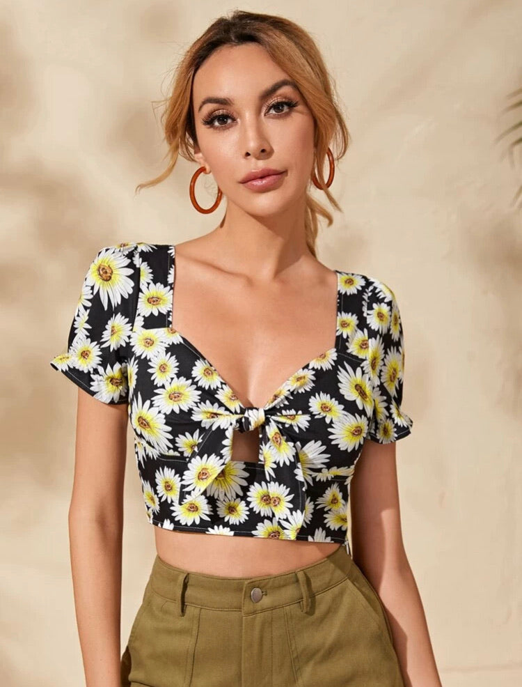 Daisy Floral Peekaboo Tie Front Milkmaid Blouse