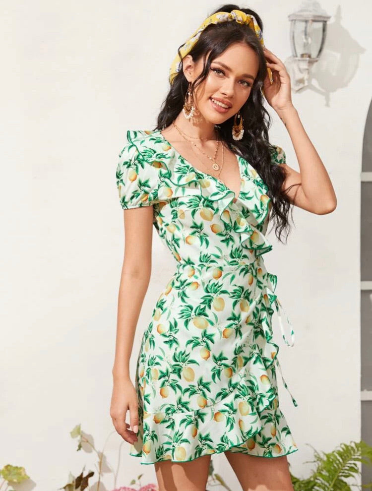 Lemon Print Tie Side Ruffle Trim Wrap Dress