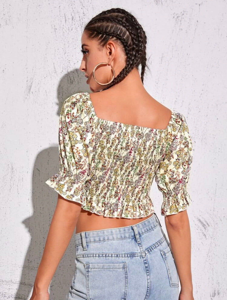Ditsy Floral Shirred Ruffle Trim Blouse