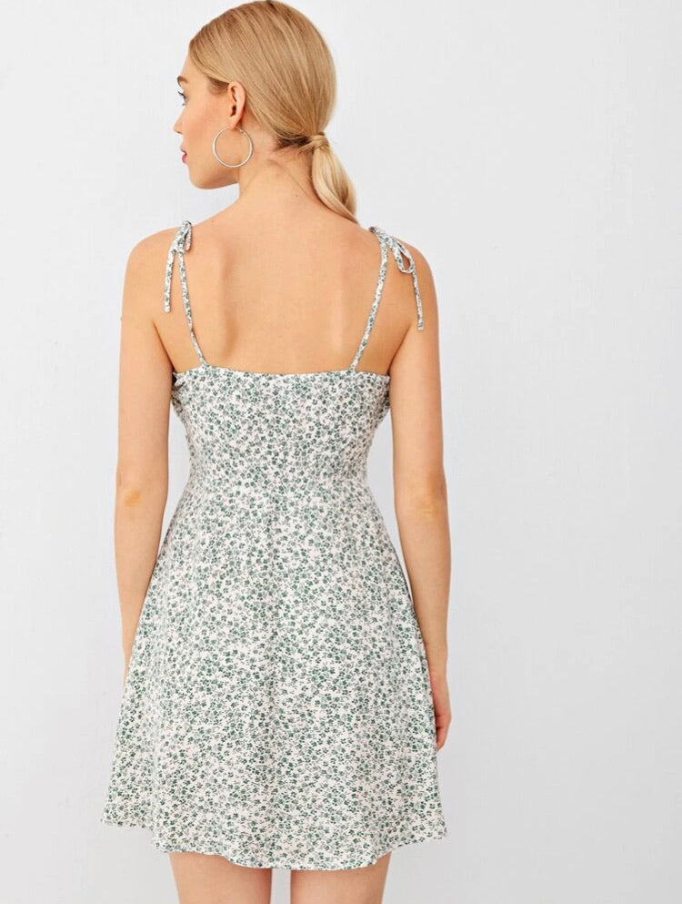 Tied Shoulder Ruched Bust Ditsy Floral Cami Dress