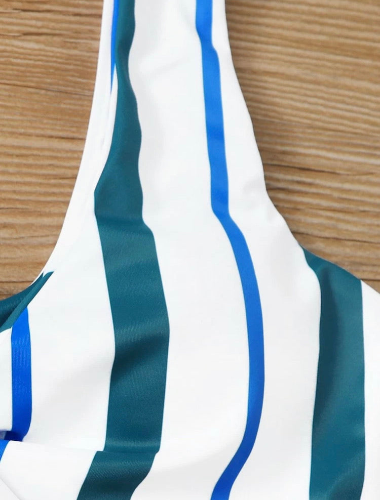 Striped Knot Front High Waisted Bikini Swimsuit