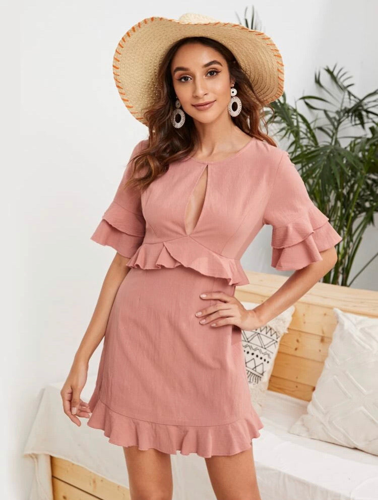 Keyhole Cut Flounce Sleeve A-line Dress