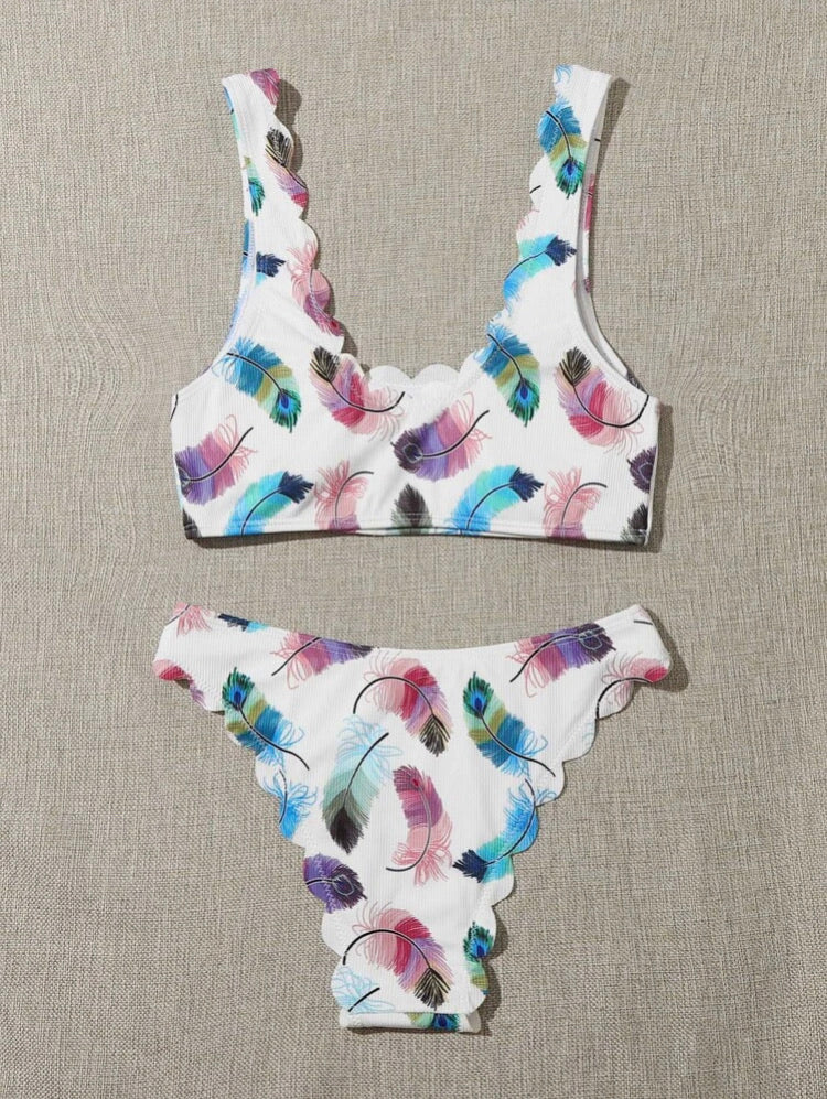 Feather Print Scallop Trim Bikini Swimsuit