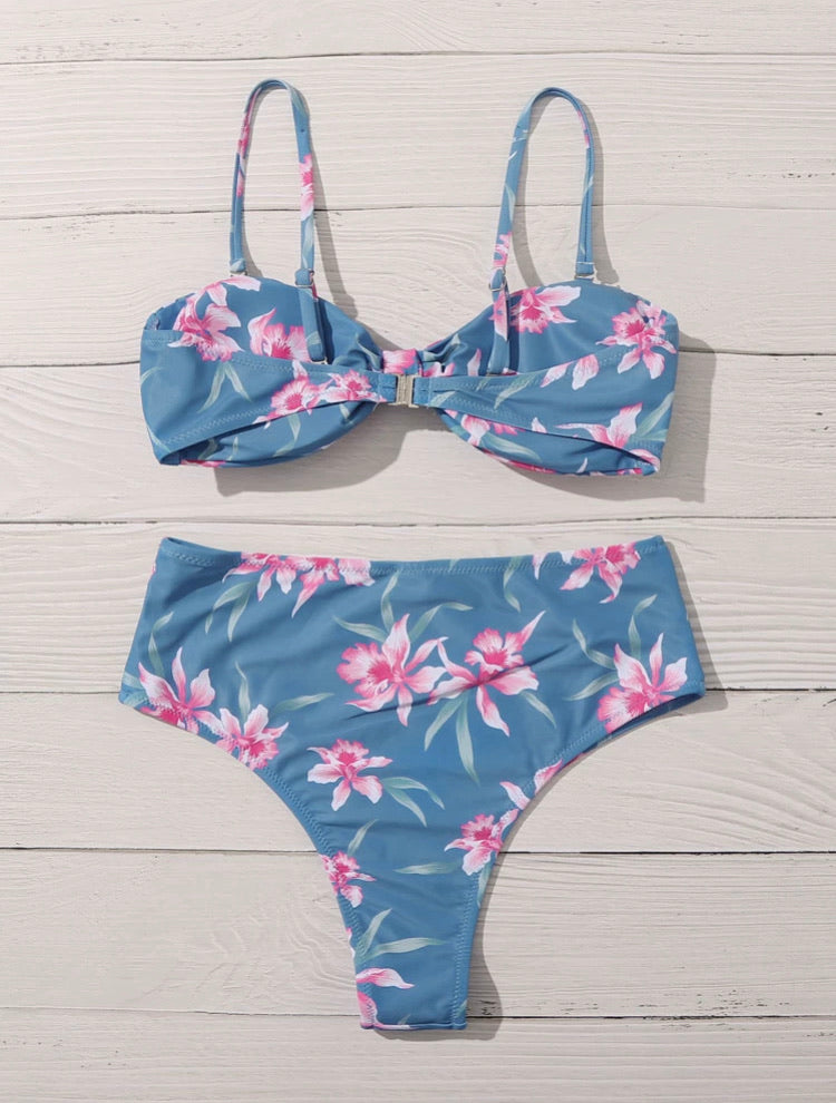 Floral Knot Front Bandeau High Waisted Bikini Swimsuit