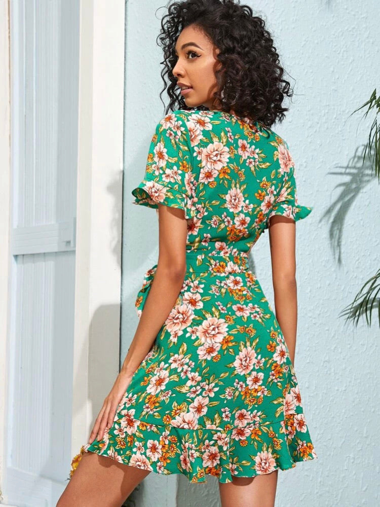 Ruffle Trim Wrap Belted Floral Dress