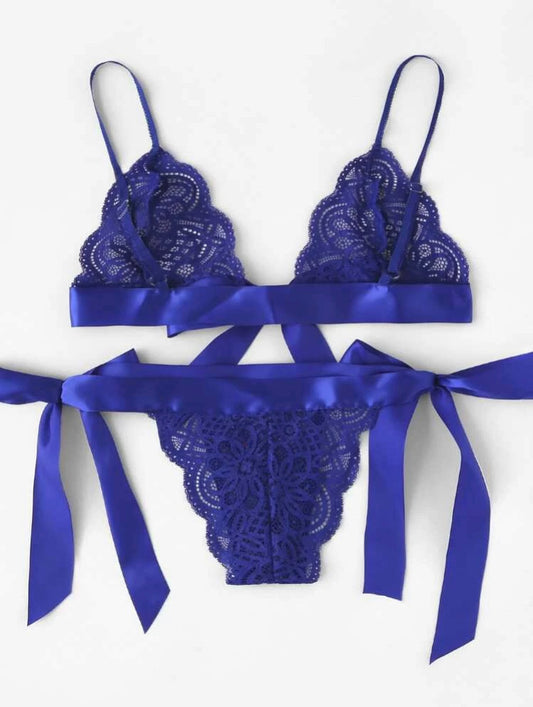 Tie Side Scalloped Trim Lace Lingerie Set