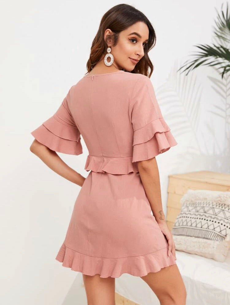 Keyhole Cut Flounce Sleeve A-line Dress