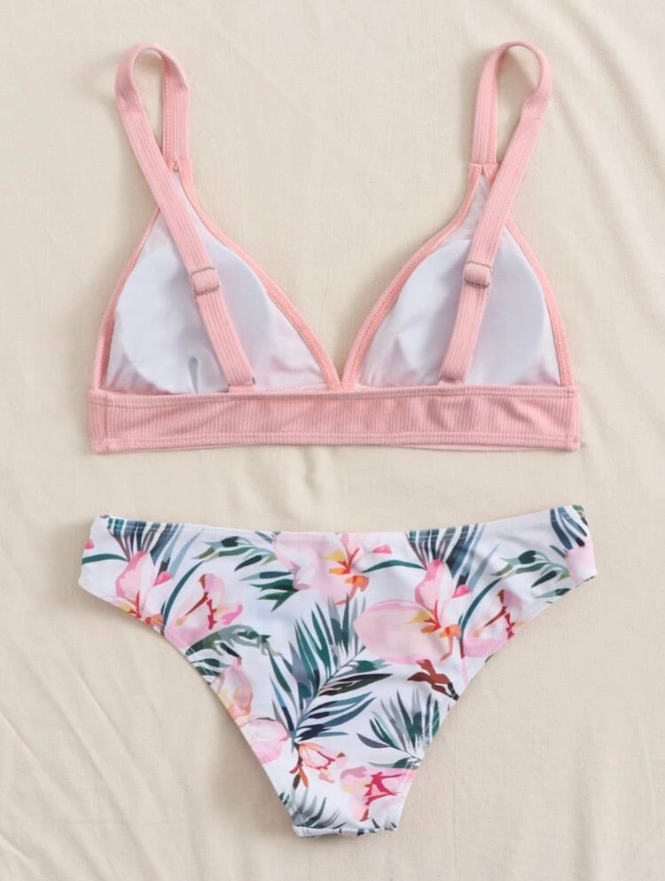 Tropical Ribbed Triangle Bikini Swimsuit