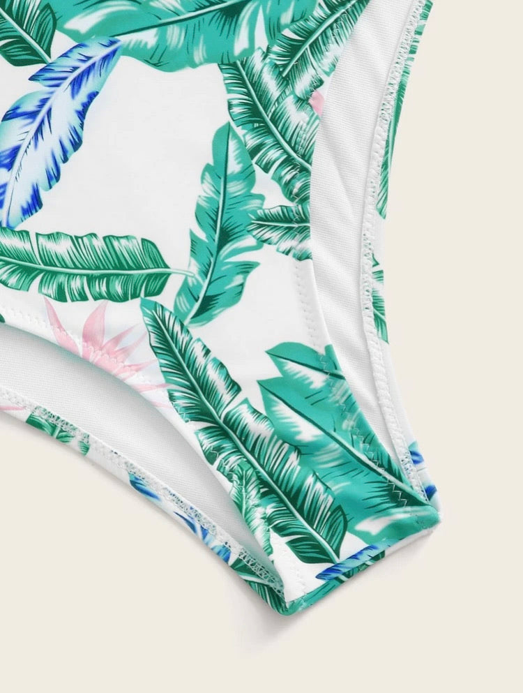 Tropical Cut-out Knot Front One Piece Swimsuit