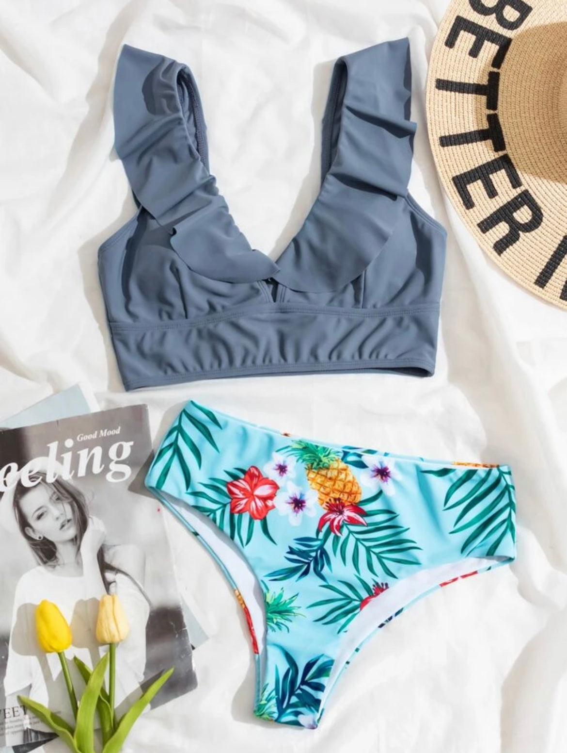 Tropical Ruffle Trim Bikini Swimsuit