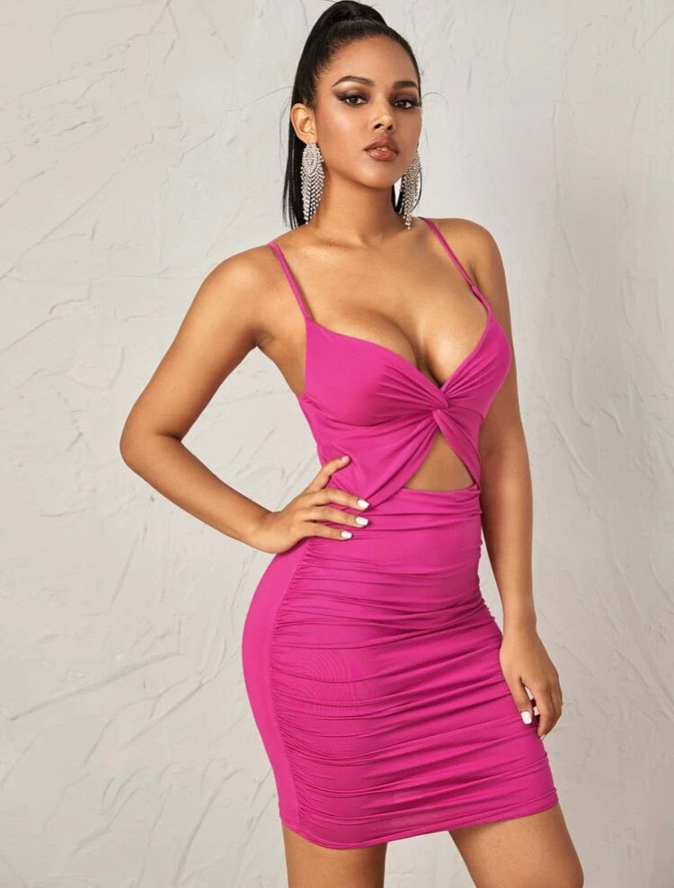 Cut Out Twist Front Ruched Bodycon Slip Dress